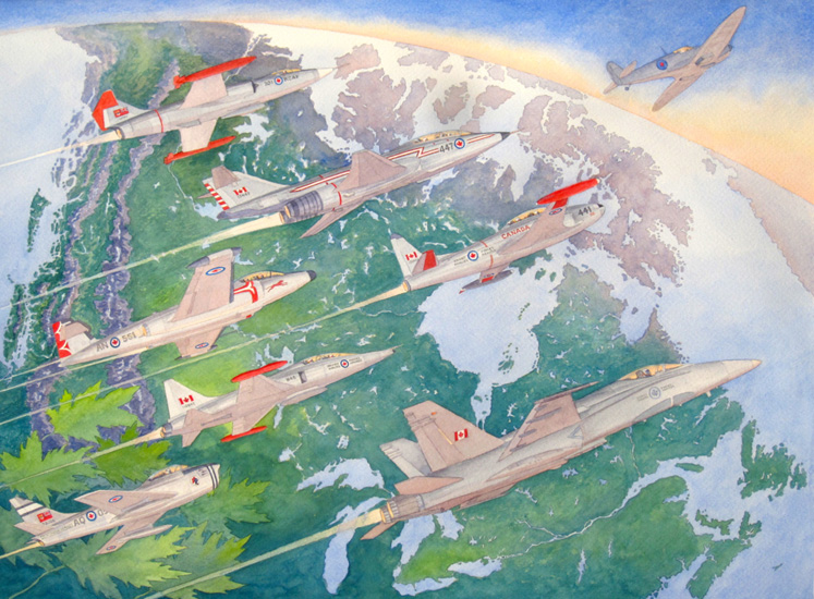 RCAF fighter jets: CF104 Starfighter, CF101 Voodoo, T33 Silver Star, CF100 Canuck, CF5 Freedom Fighter, F86 Sabre, & CF18 Hornet. 