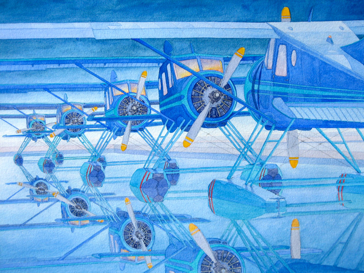 5 DeHavilland Canada floatplanes lined up reflecting perfect images.