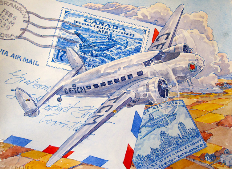 The TCA Lockheed 14 & airmail letter & stamp over the prairies.