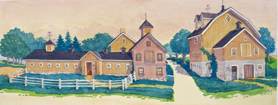 The farmyard of a pleasant group of barns all painted ochre with black trim beside the back fields.