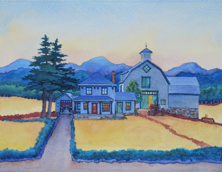 Sunrise at a farm painted blue with green trim with pine trees in yellow fields with the tractor ready.