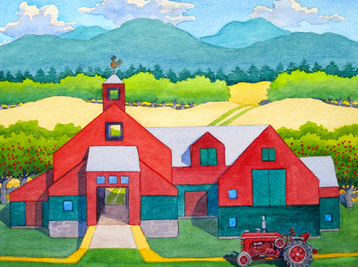 A rooster weather vane atop a red and green barn and tractor and yellow fields beyond.