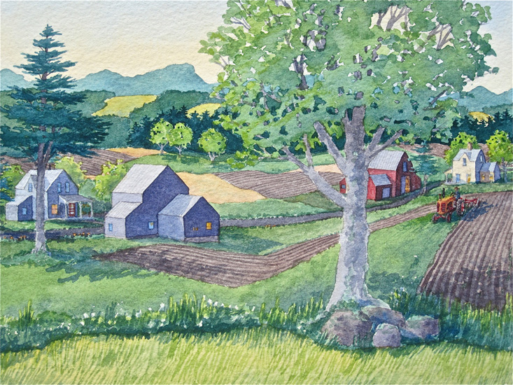 Sunrise view of farm with a working tractor and plough.