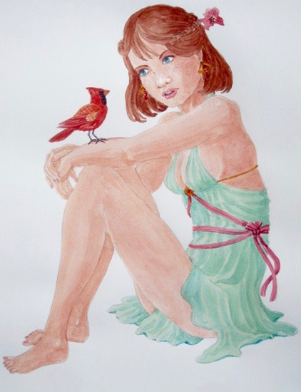  A girl in a green dress & a red Cardinal.