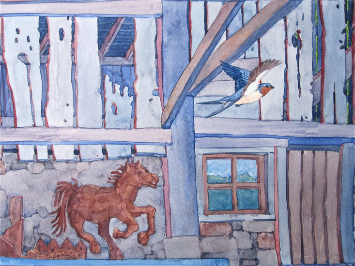 A barn swallow skims by a sculpted steel horse by the barn studio.