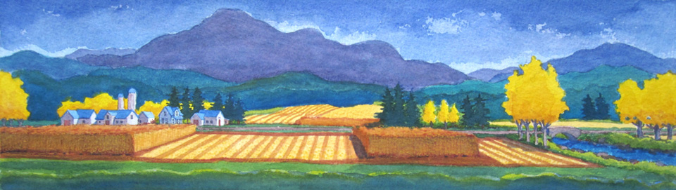 Yellow harvest fields, blue roofed farm buildings, and blue hills beyond.