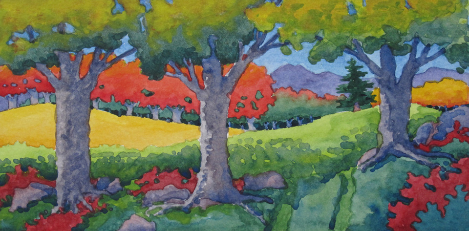 Red maples, green undergrowth, & yellow fields.