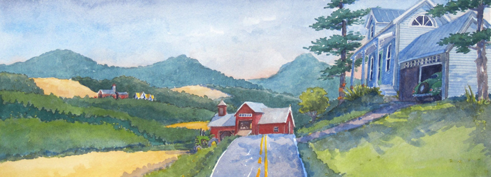 An Eastern Township road splits a red barn and the farmhouse.