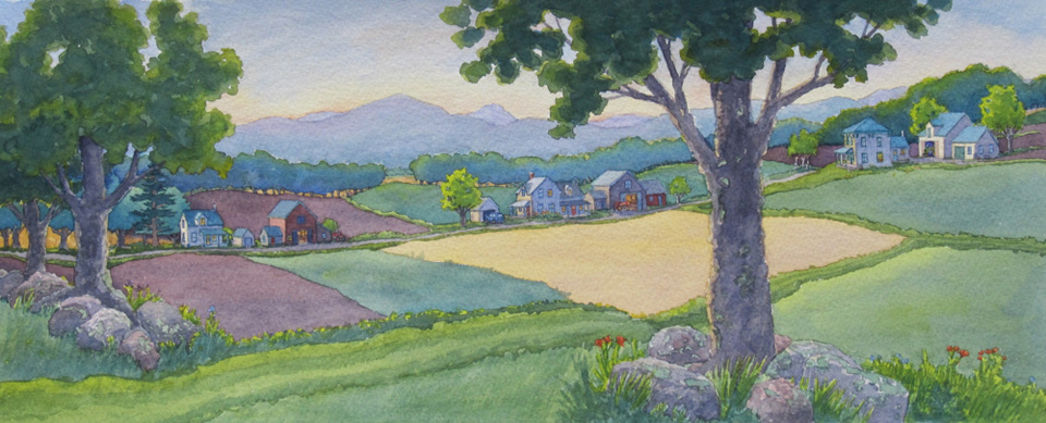 Sunrise at three farms seen from a lone maple tree in the fields.