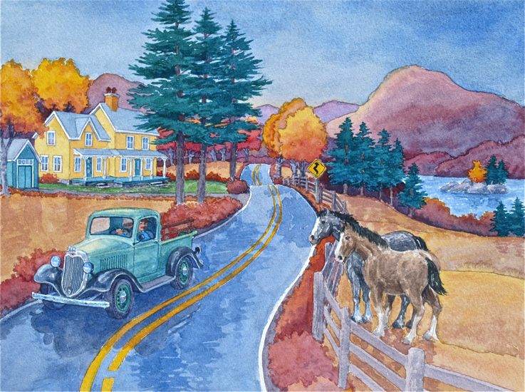 Two curious farm horses watch a 1934 Ford pickup pass by along the road.