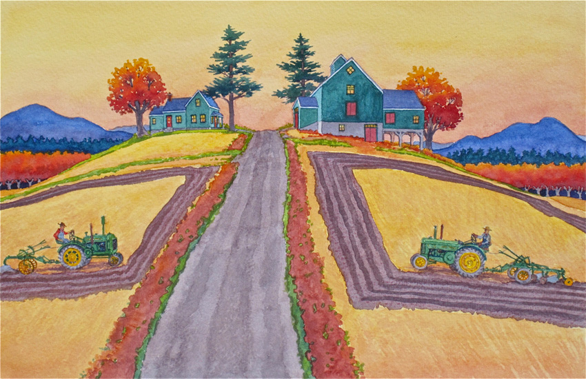 Two old tractors plough the hilly fields of Quebec’s Eastern Townships.