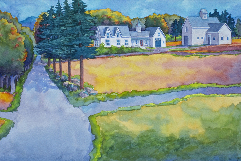 A Victorian farm across a yellow field as the leaves turn.