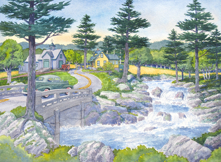 A 40’s Coupe crosses a bridge on the way to a farm by a river.