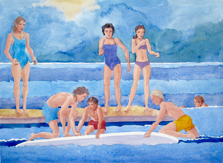 Rough watCottage Youngsters at the Water’s Edge.er batters a rocky outcrop and pine tree.