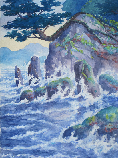 Rough water batters a rocky outcrop and pine tree.