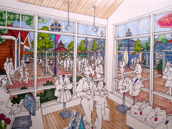 Local retail by the river in a small town revitalization proposal.