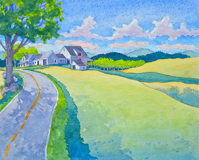 Country road and farmhouse in the Eastern Townships of Québec.